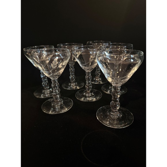 Other - Vintage Etched Glass Cordial Stemware Set 7 Laurel Leaf Triple Ball Stem Clear